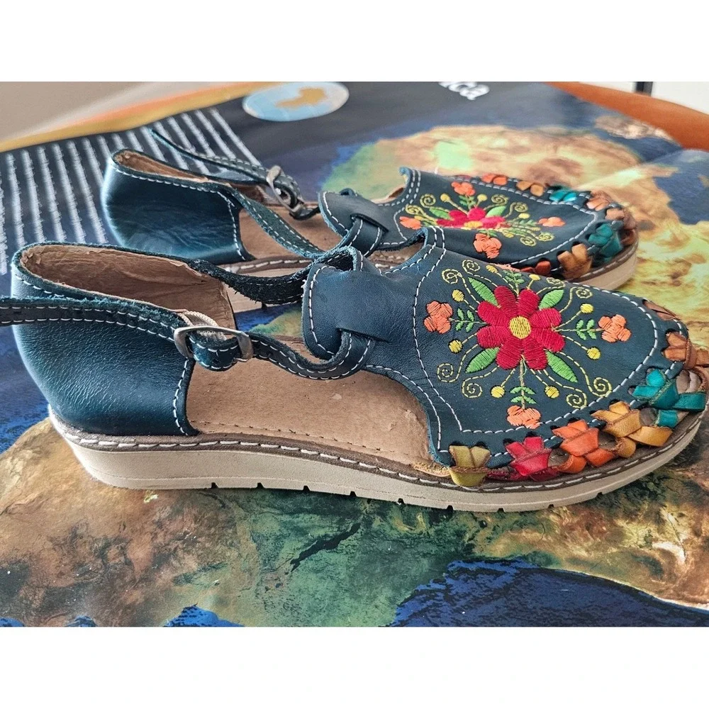 Mexican Huarache Sandals Teal Leather Floral Embroidered Woven Flats Womens 7 38